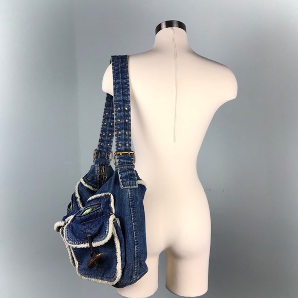 Gap 1969 Blue Denim Shearling Hobo Bag Jean Purse - Picture 3 of 14